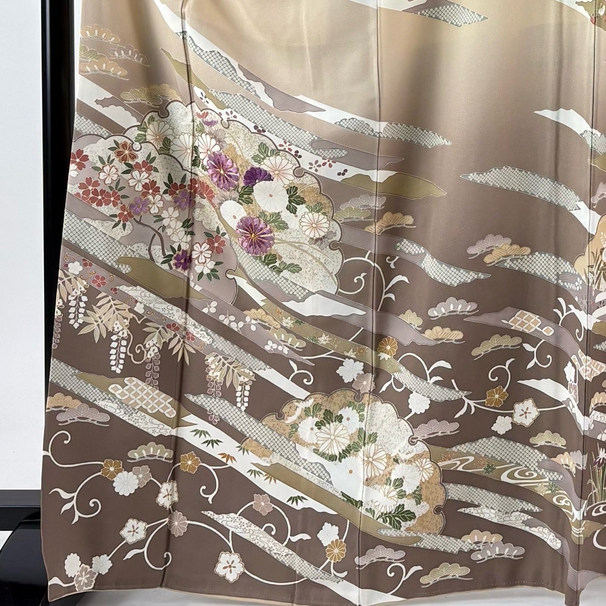 訪問着 身丈167cm 裄丈67.5cm L 袷 帝王紫 雪輪 菊 刺繍 金糸 ベージュ