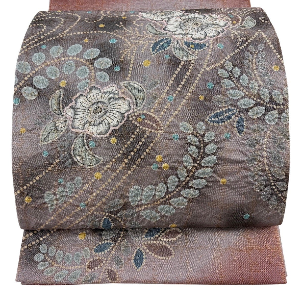 美品】 袋帯 名品 辻が花 格子 銀糸 箔 灰紫 お太鼓柄 正絹｜中古