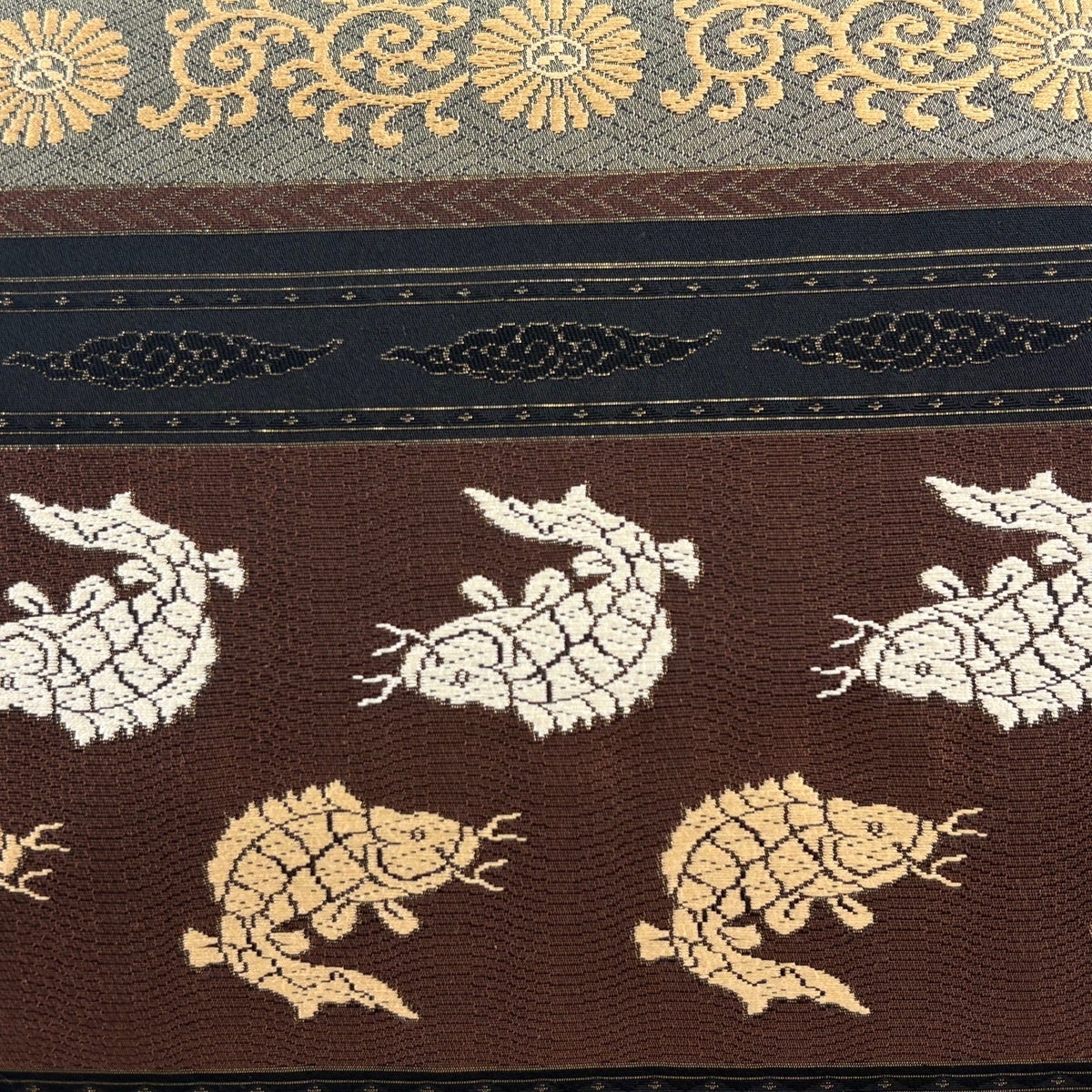 美品】 名古屋帯 名品 荒磯 菊唐草 箔 黒 正絹｜中古・古着