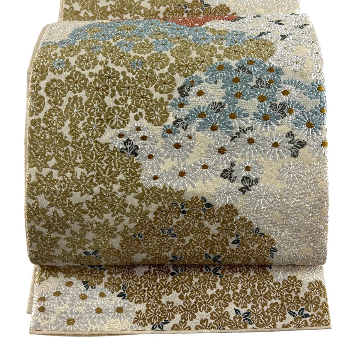 美品】 袋帯 名品 公家加賀五彩 王朝菊華文 唐織 灰紫 六通 正絹｜中古