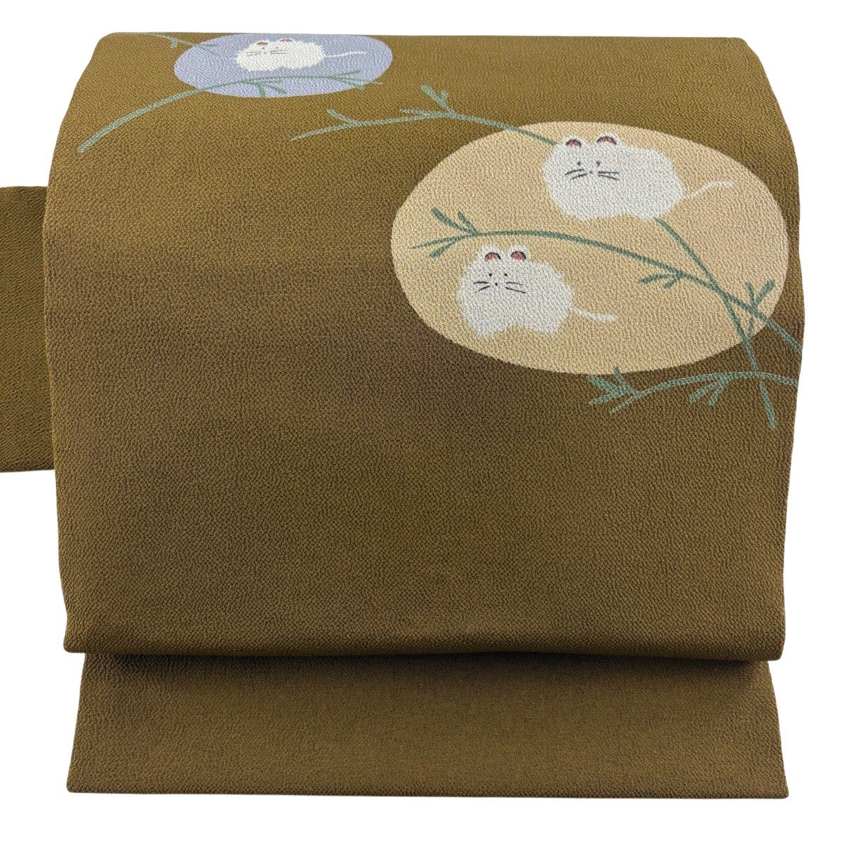名古屋帯 名品 動物 葉柄 縮緬 茶緑色 正絹｜中古・古着・リサイクル