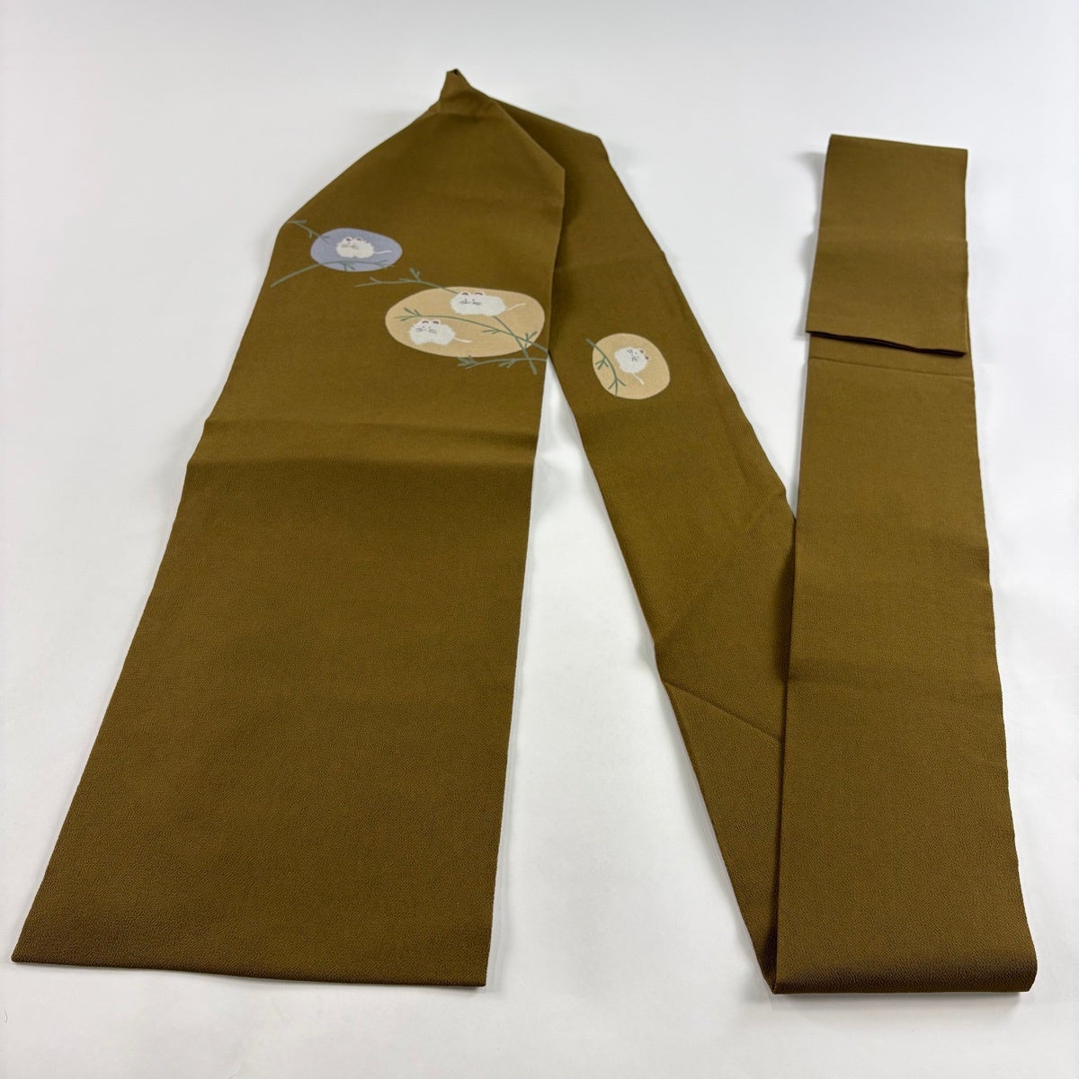 名古屋帯 名品 動物 葉柄 縮緬 茶緑色 正絹｜中古・古着・リサイクル