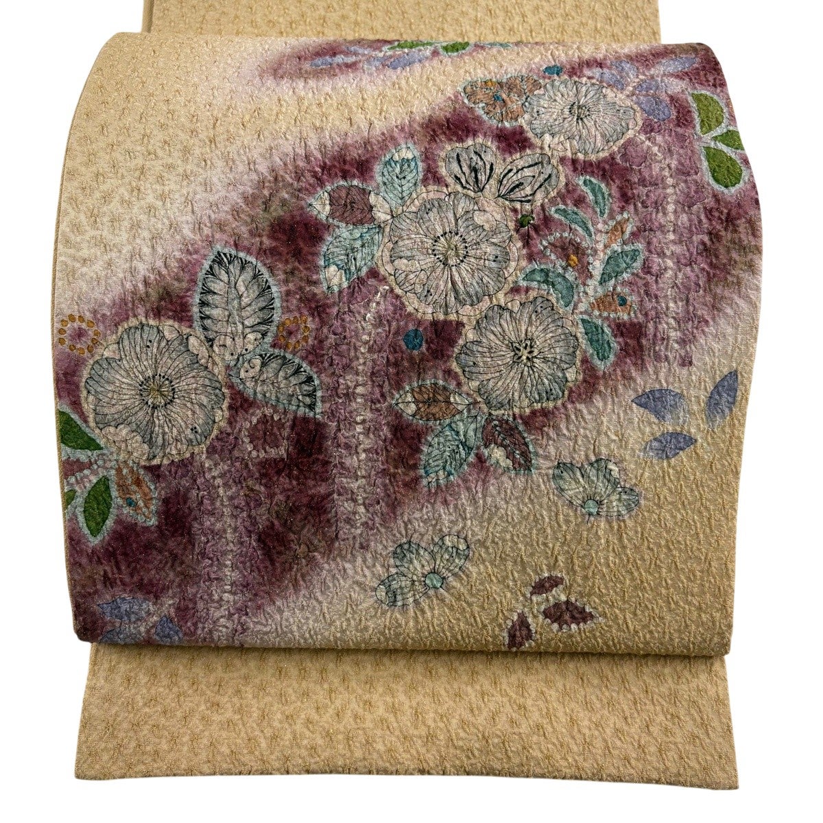 美品】 袋帯 秀品 辻が花柄 箔 金銀糸 クリーム お太鼓柄 正絹｜中古