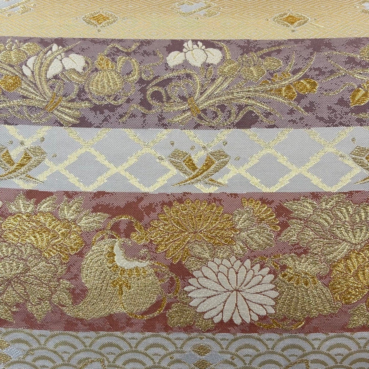 美品】 袋帯 秀品 段縞 草花 金糸 箔 金色 六通 正絹｜中古・古着