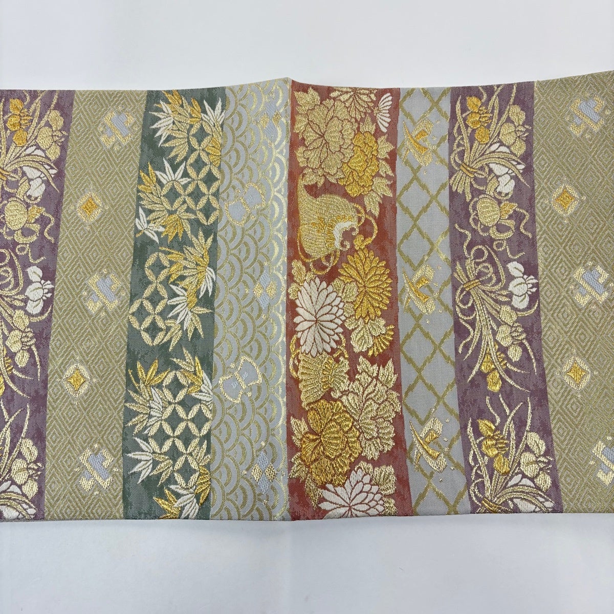 美品】 袋帯 秀品 段縞 草花 金糸 箔 金色 六通 正絹｜中古・古着