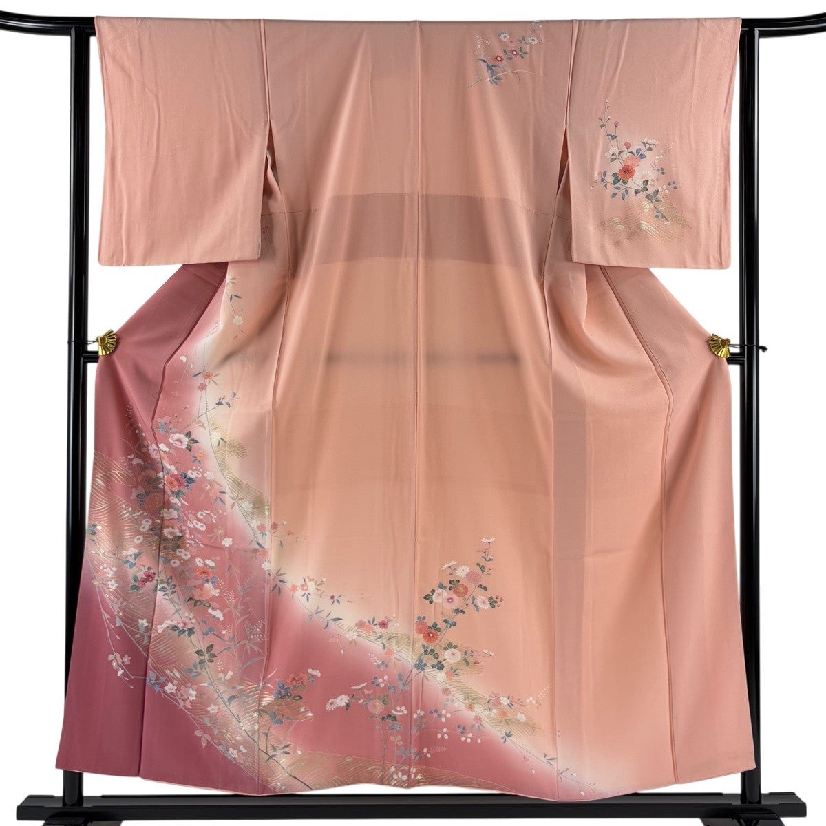 訪問着 身丈154.5cm 裄丈62.5cm S 袷 草花 波 金彩 染め分け ピンク