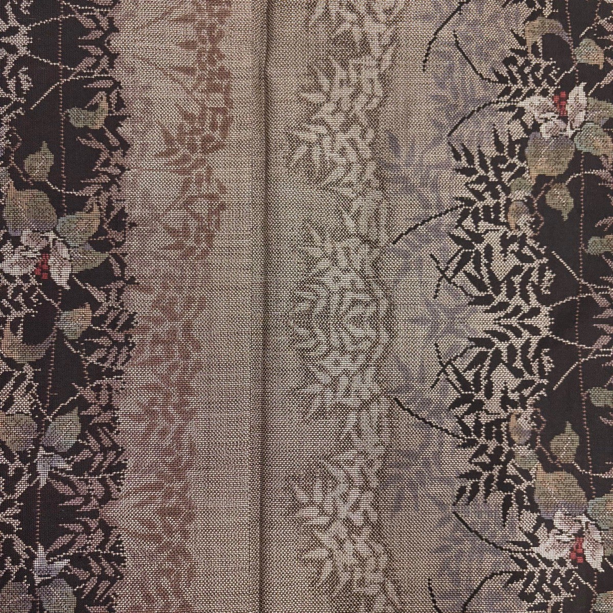 紬 身丈152.5cm 裄丈63cm S 袷 草花 シルエット 焦茶色 正絹 秀品