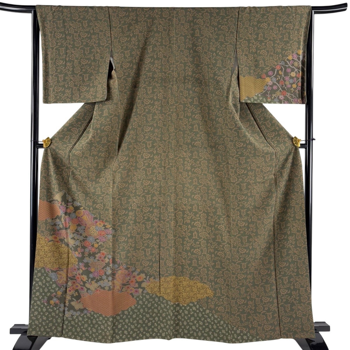 付下げ 身丈163cm 裄丈65cm M 袷 鼓 雲文 茶緑色 正絹 秀品｜中古