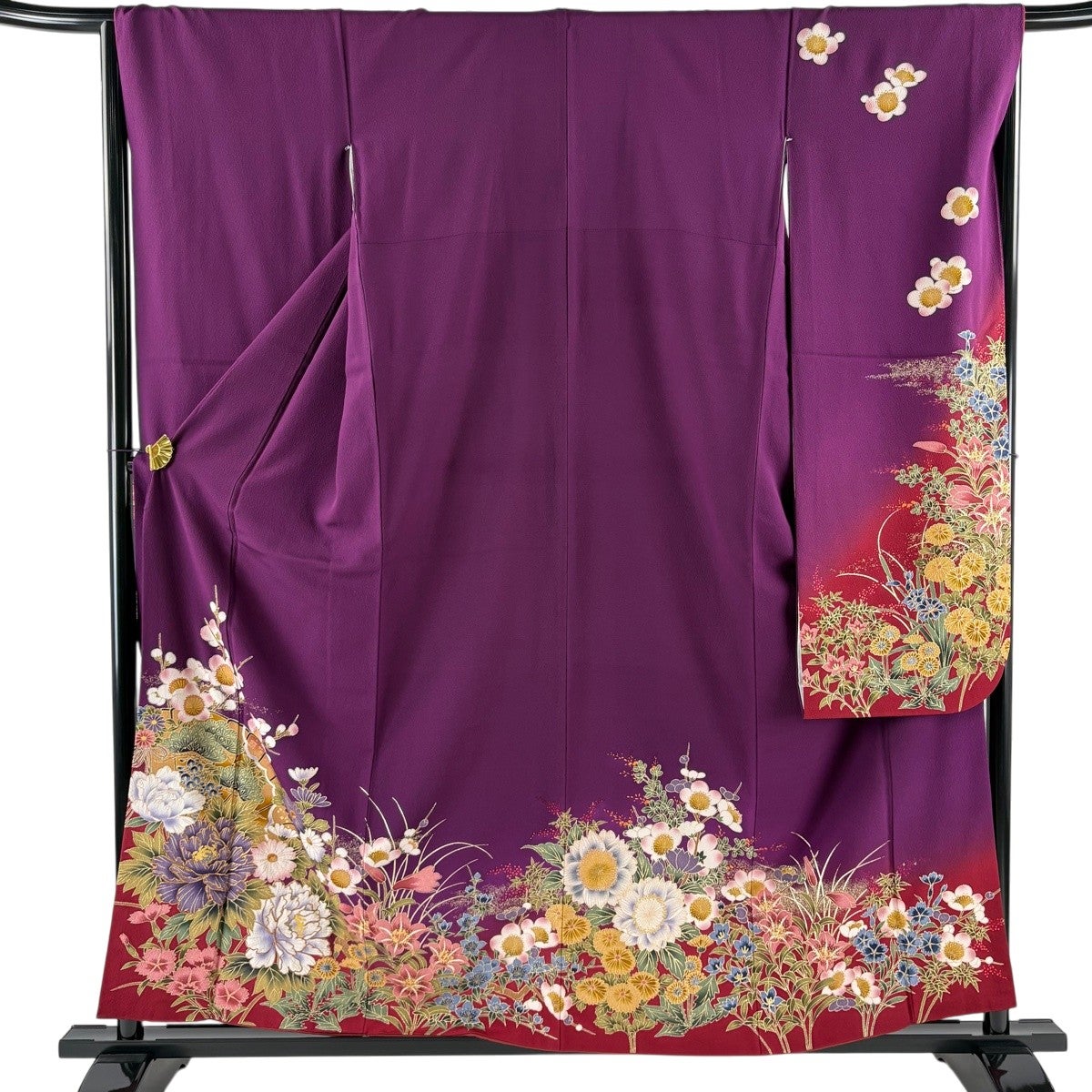 振袖 身丈157.5cm 裄丈66.5cm M 袷 ますいわ屋 扇 草花 銀彩 金糸 紫