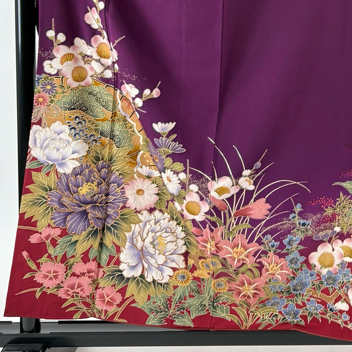 振袖 身丈157.5cm 裄丈66.5cm M 袷 ますいわ屋 扇 草花 銀彩 金糸 紫