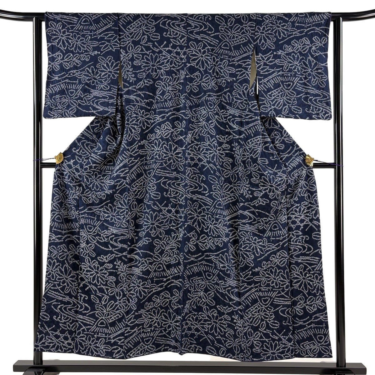小紋 身丈152cm 裄丈62.5cm S 袷 菊 萩 絞り 濃紺 正絹 秀品｜中古