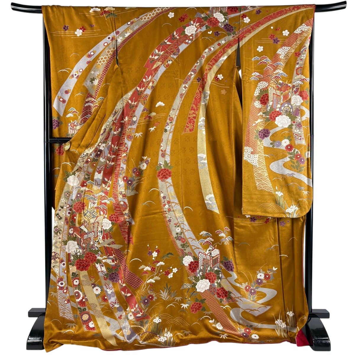 振袖 身丈176cm 裄丈68cm L 袷 熨斗 御所車 金彩 山吹茶色 正絹 秀品