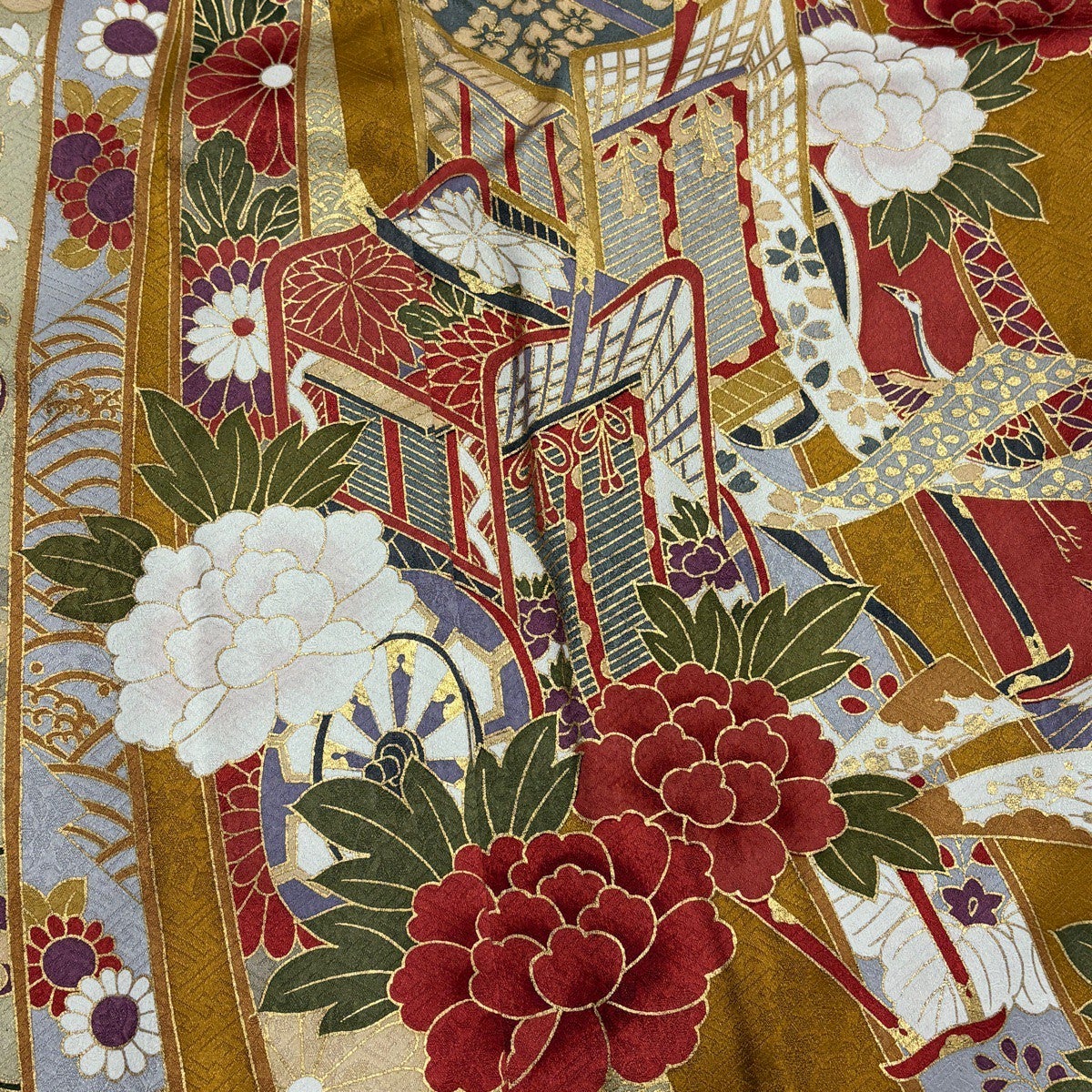 振袖 身丈176cm 裄丈68cm L 袷 熨斗 御所車 金彩 山吹茶色 正絹 秀品
