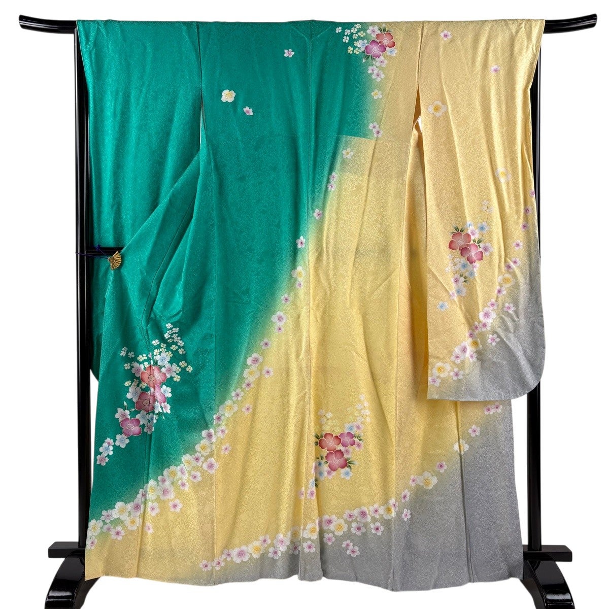 振袖 身丈164cm 裄丈66.5cm M 袷 草花 金糸 染め分け 緑 正絹 秀品