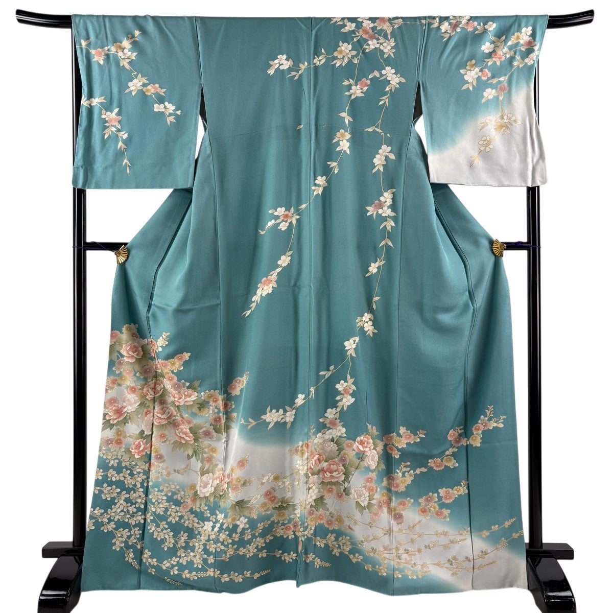訪問着 身丈168cm 裄丈68cm L 袷 草花 萩 金彩 ぼかし 青緑 正絹 秀品