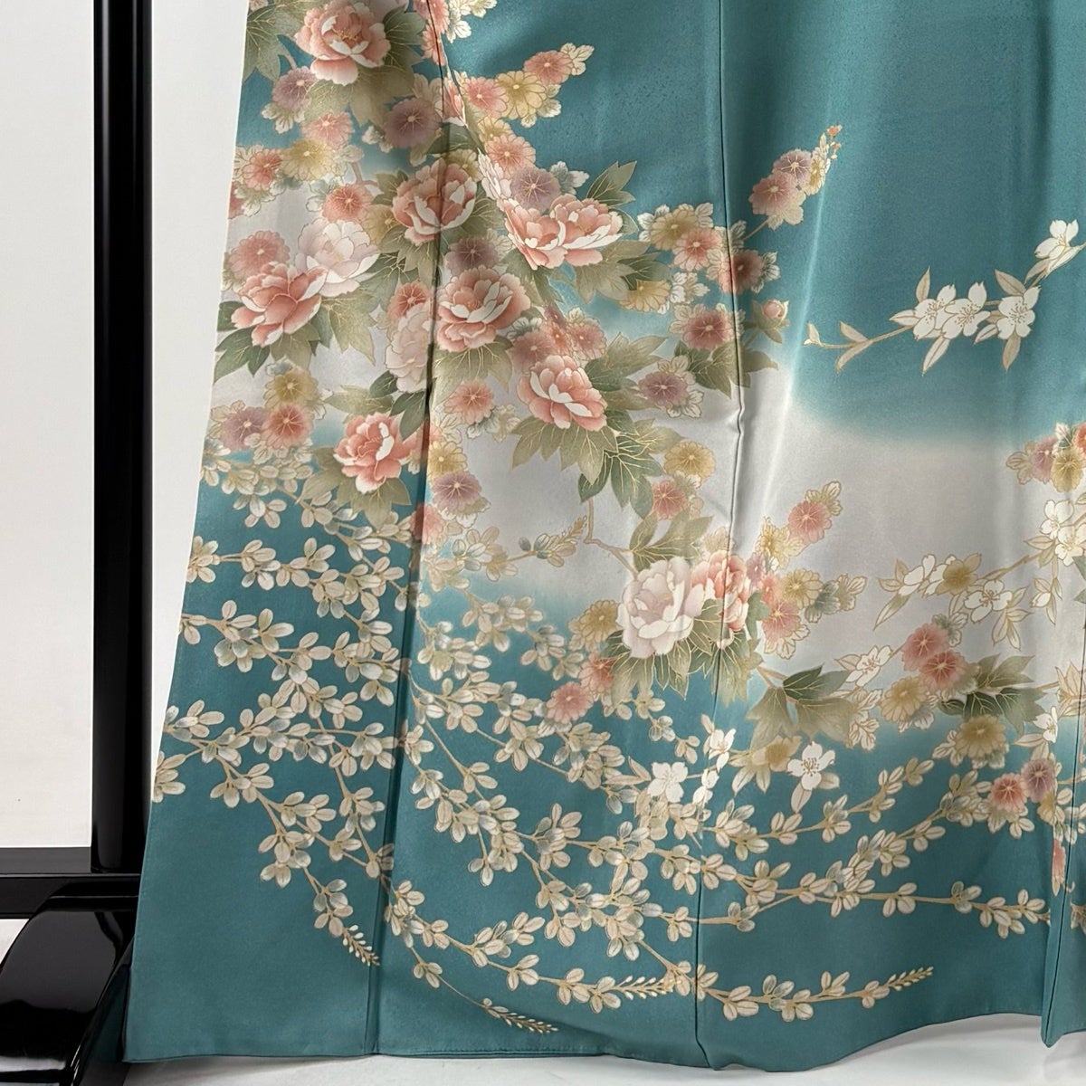 訪問着 身丈168cm 裄丈68cm L 袷 草花 萩 金彩 ぼかし 青緑 正絹 秀品