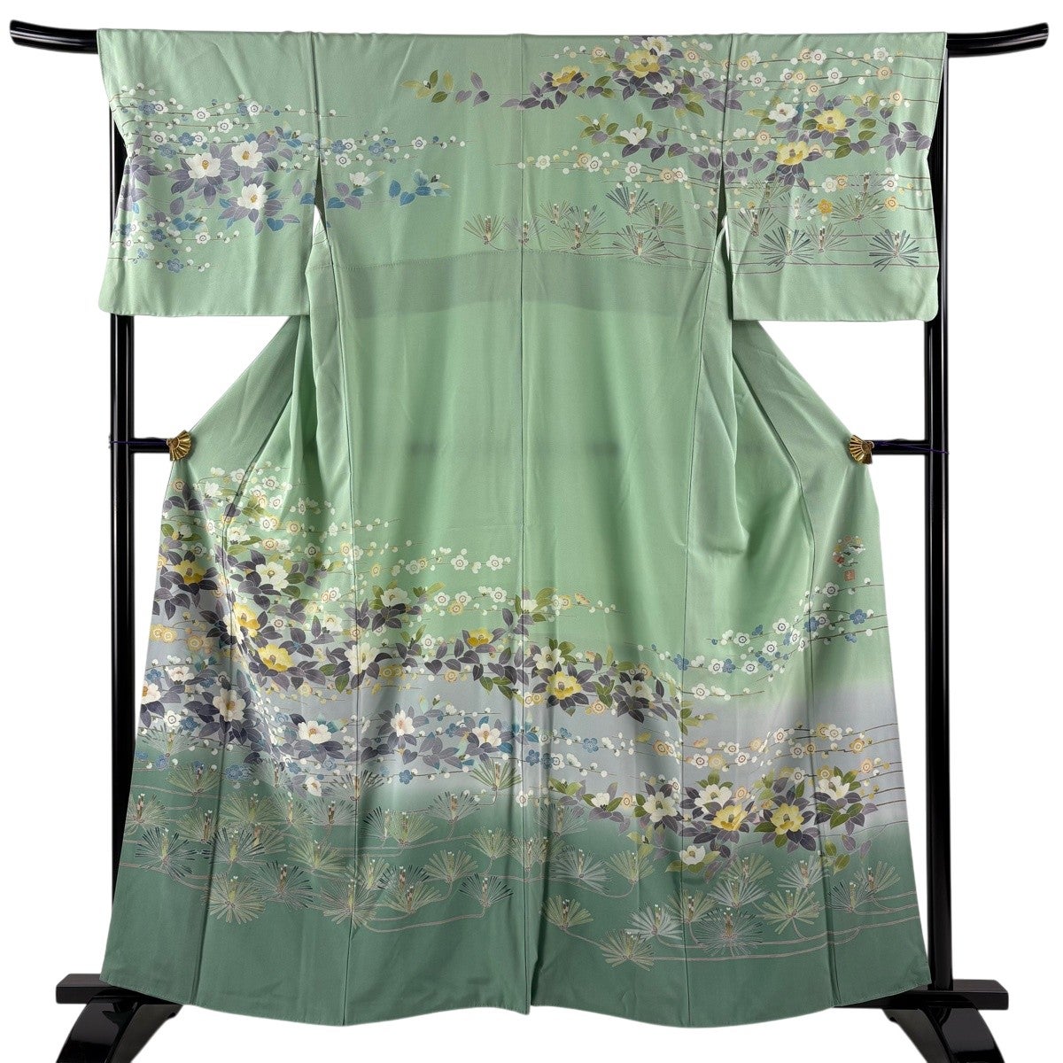 超美品　正絹　袷　現代　訪問着　着物　162.5裄64　薄緑　グレー　赤 黄緑 訪問着 身丈159cm 裄丈67.5cm L 袷 落款あり 椿 松梅 薄緑 正絹 秀品
