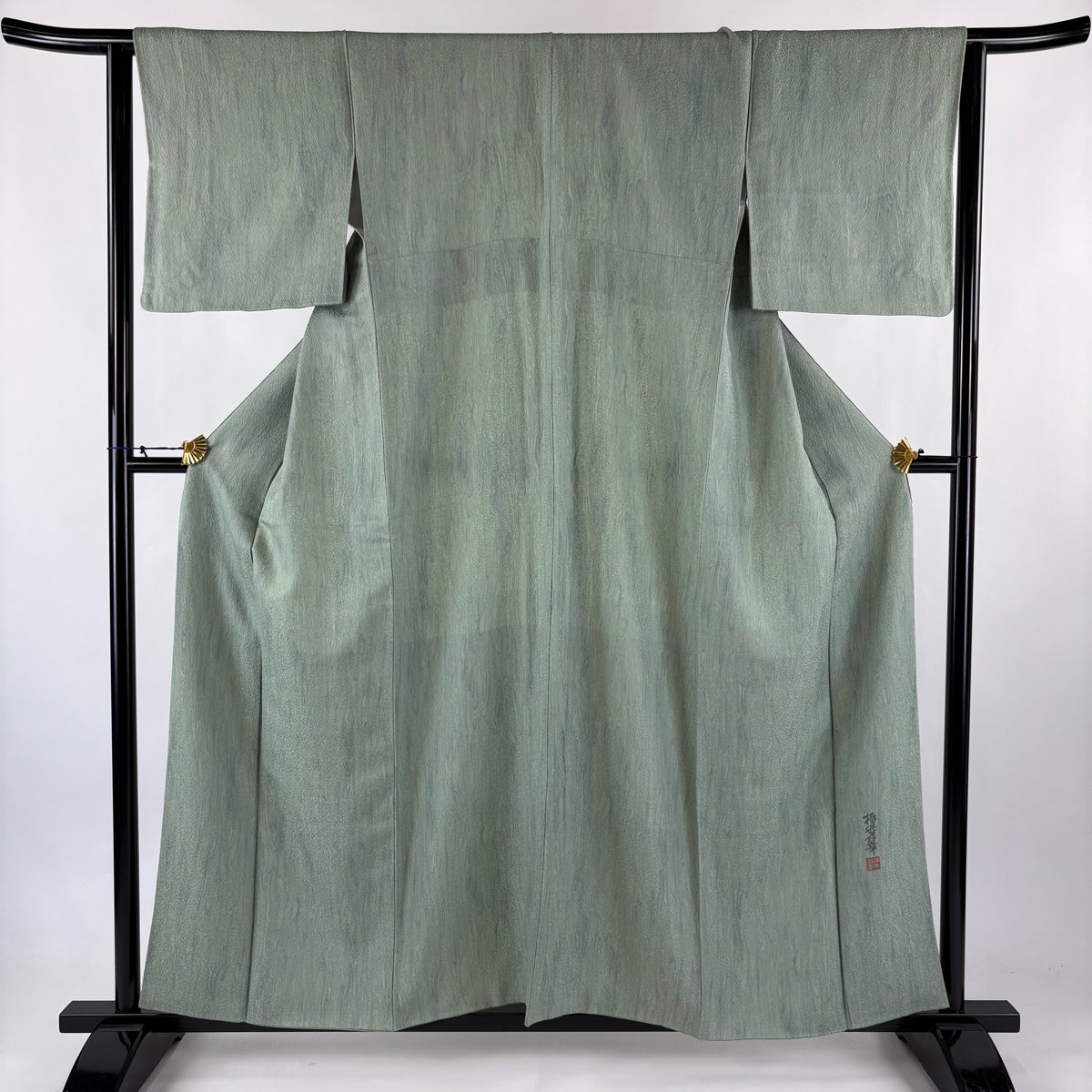 美品 名古屋帯 名品 落款あり 墨流し よろけ縞 薄緑 正絹｜中古