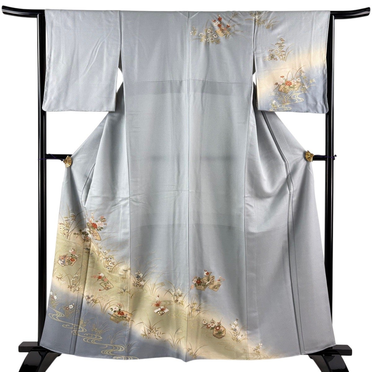 訪問着 身丈160cm 裄丈63.5cm S 袷 扇面 草花 金彩 ぼかし 青灰色 正絹