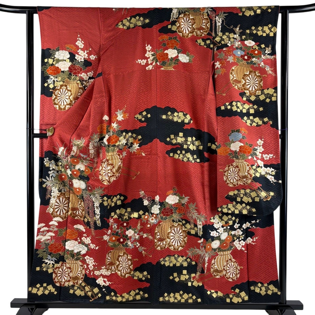 振袖 身丈157.5cm 裄丈62cm S 袷 花車 箔散らし 金彩 染め分け 茜色