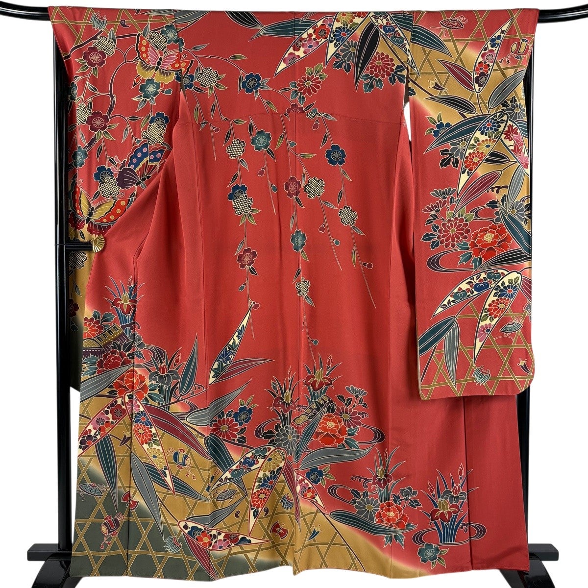 【振袖フルセット】身丈162.5cm 裄丈67.5cm 桜 流水 箔 金彩 赤 美品】 振袖 身丈167cm 裄丈68cm L 袷 桜 花びら 金彩 赤 正絹 秀品