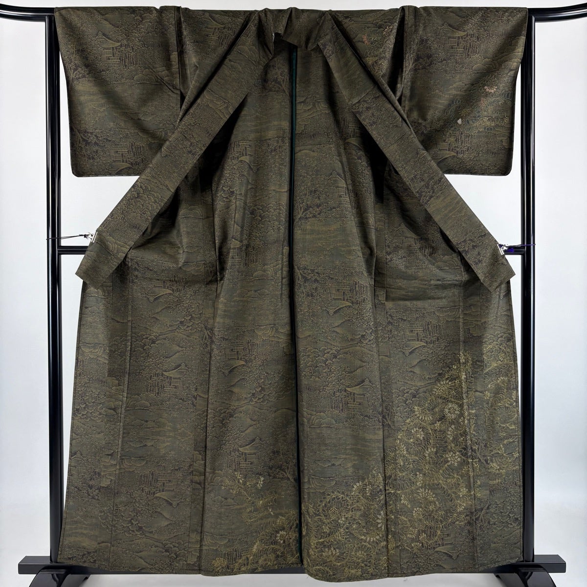 美品】 付下げ 身丈160cm 裄丈65.5cm M 単衣 紬地 花唐草 建物 刺繍 茶