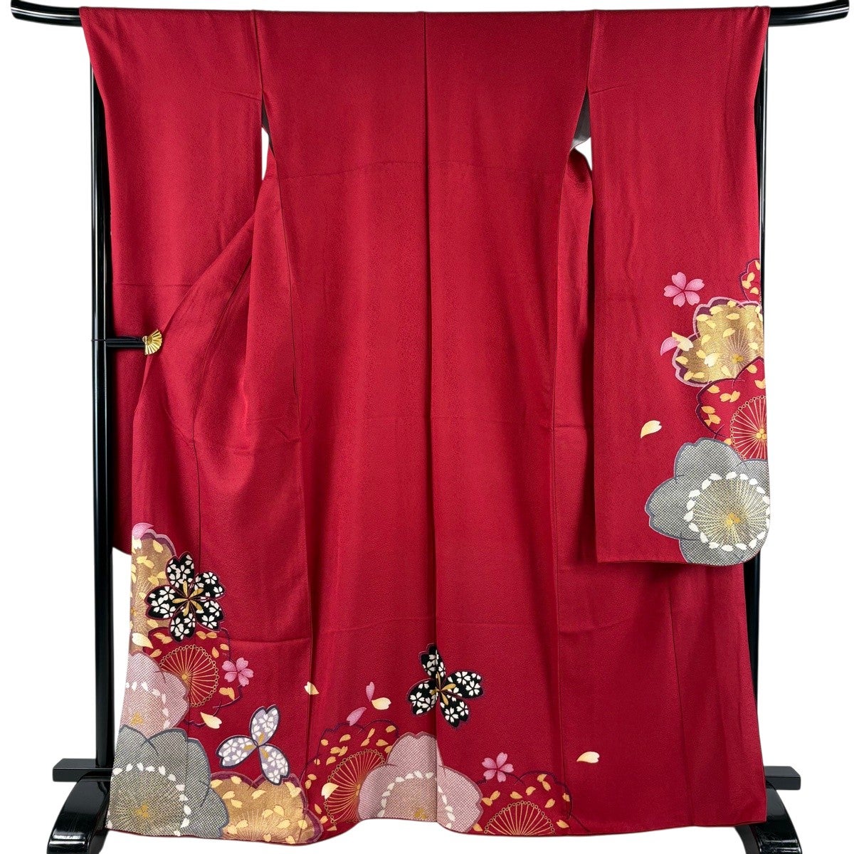 【振袖フルセット】身丈162.5cm 裄丈67.5cm 桜 流水 箔 金彩 赤 美品】 振袖 身丈167cm 裄丈68cm L 袷 桜 花びら 金彩 赤 正絹 秀品
