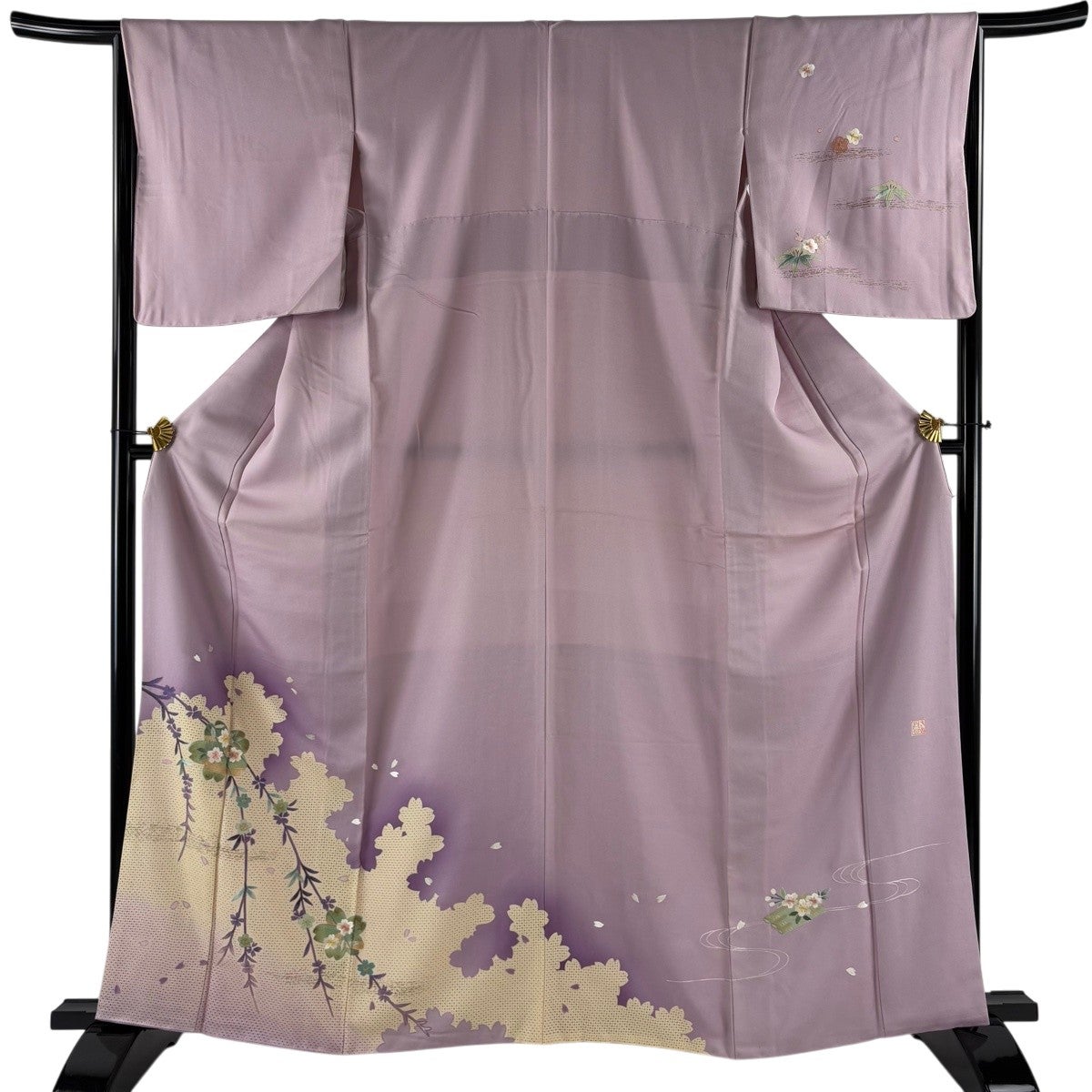 訪問着 身丈163cm 裄丈66.5cm M 袷 落款あり 桜 シルエット 金糸 刺繍