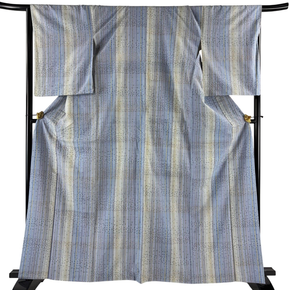 美品】 紬 身丈163.5cm 裄丈67.5cm L 袷 縦縞 幾何学模様 青灰色 正絹