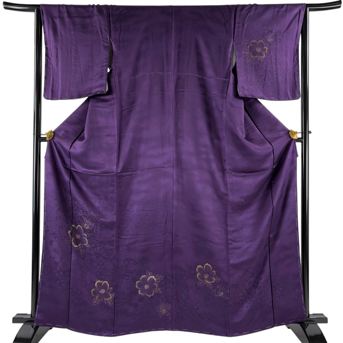 美品】 付下げ 身丈164cm 裄丈65cm M 袷 草花 地紋 金銀彩 紫 正絹 秀