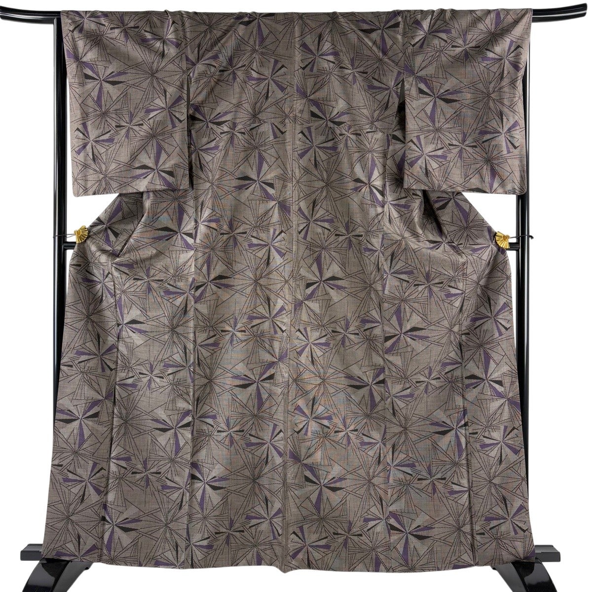 美品】 紬 身丈163cm 裄丈67cm M 袷 幾何学模様 灰茶 正絹 秀品｜中古