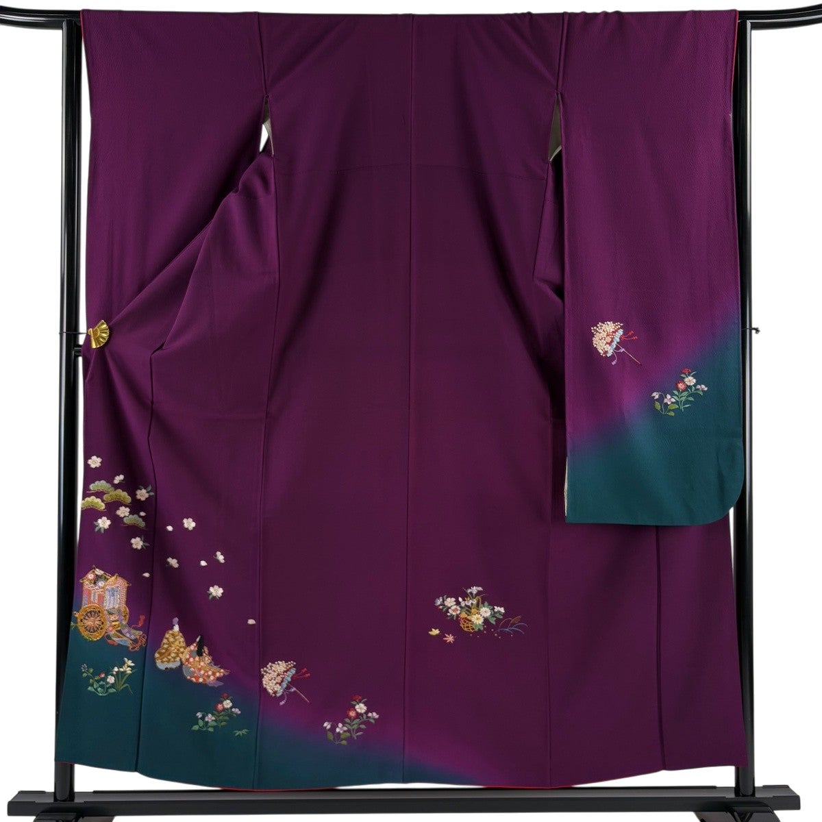 振袖 身丈159cm 裄丈67cm M 袷 桜 菱 刺繍 金糸 紫 正絹 名品｜中古