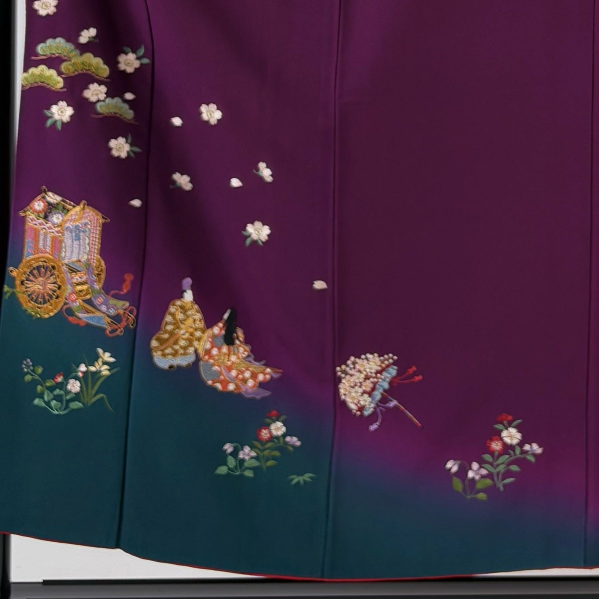 振袖 身丈155.5cm 裄丈64.5cm M 袷 御所車 人物 刺繍 金糸 紫 正絹 秀