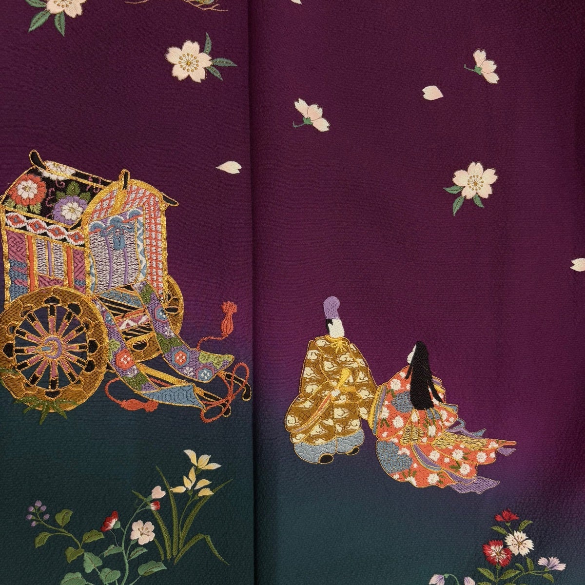 振袖　超美品　正絹　金糸刺繍　濃紫 振袖 身丈155.5cm 裄丈64.5cm M 袷 御所車 人物 刺繍 金糸 紫 正絹 秀