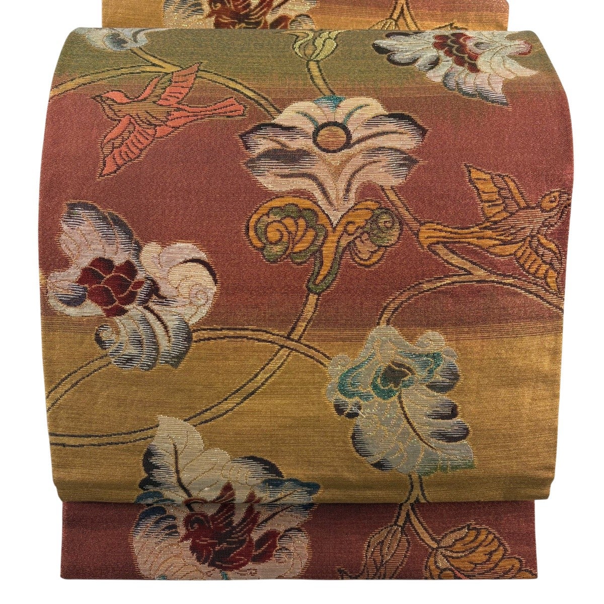 美品】袋帯 名品 CLUB mola 花鳥 魚 箔 金銀糸 赤茶 六通 正絹｜中古
