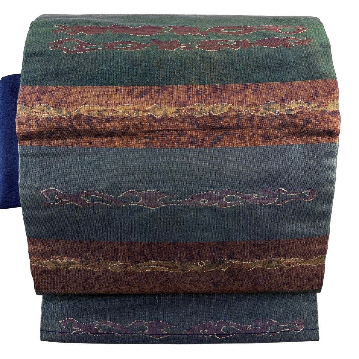 美品】 名古屋帯 秀品 関西仕立て 縞 幾何学模様 箔 緑 正絹|中古 美品】 名古屋帯 秀品 関西仕立て 縞 幾何学模様 箔 緑 正絹|中古