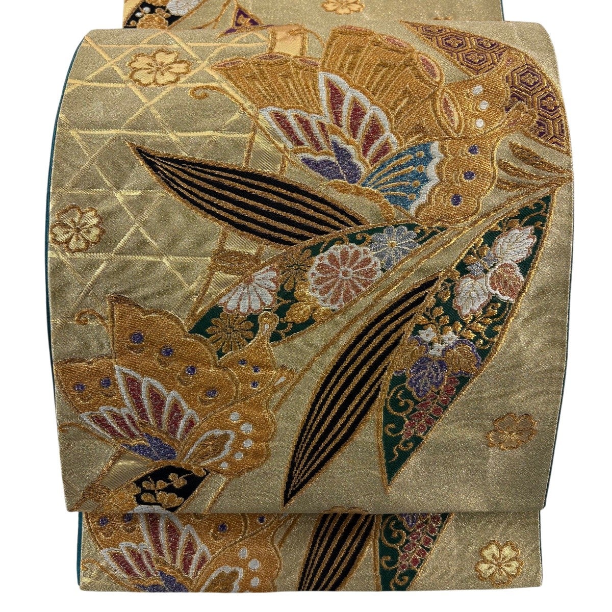 美品】 丸帯 名品 雲間源氏屏風絵 金糸 箔 金色 お太鼓柄 正絹｜中古 
