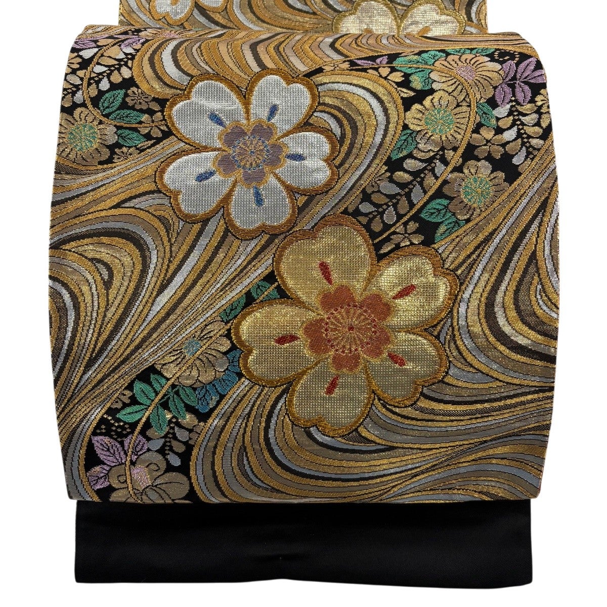 美品】 袋帯 秀品 証紙あり 草花 流水 金糸 箔 黒 六通 正絹｜中古