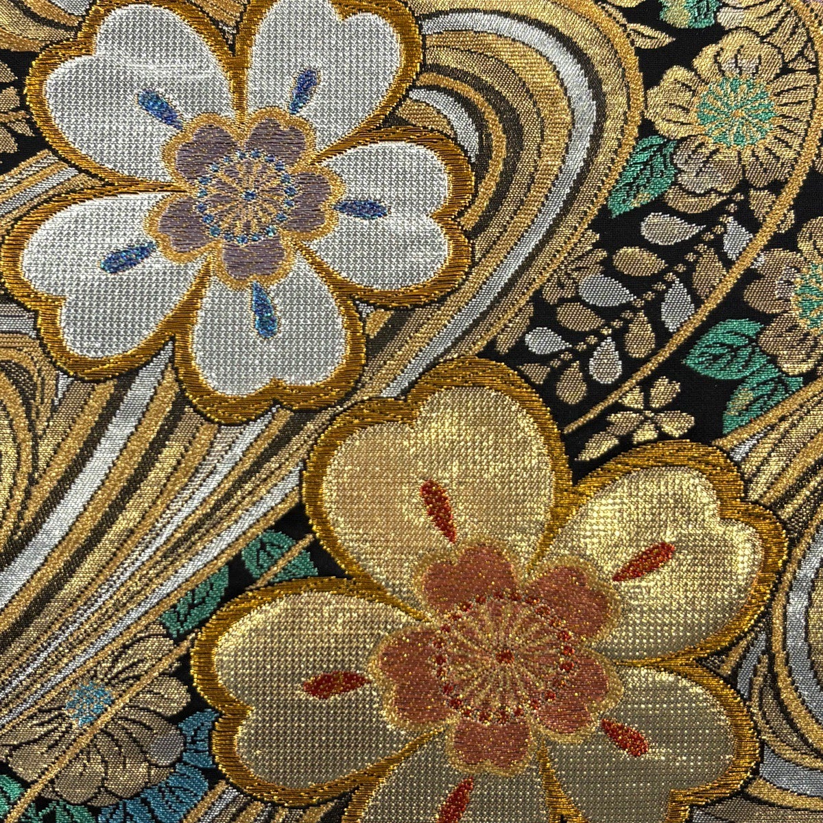 美品】 袋帯 秀品 証紙あり 草花 流水 金糸 箔 黒 六通 正絹｜中古