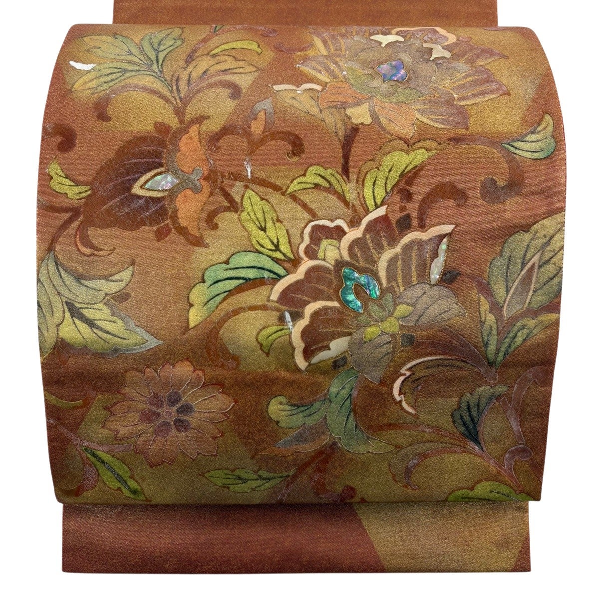 袋帯　螺鈿　金彩　刺繍　花唐草文様　お太鼓柄 袋帯 秀品 花唐草 螺鈿 金彩 赤茶 お太鼓柄 正絹｜中古・古着