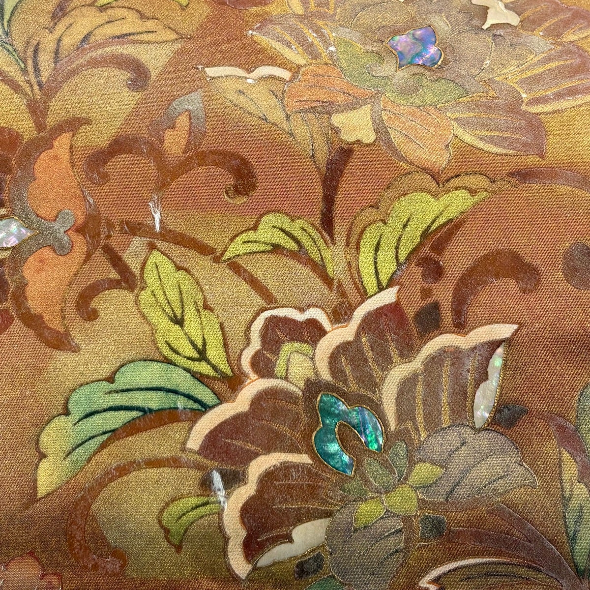 袋帯 秀品 花唐草 螺鈿 金彩 赤茶 お太鼓柄 正絹|中古・古着 袋帯 秀品 花唐草 螺鈿 金彩 赤茶 お太鼓柄 正絹|中古・古着