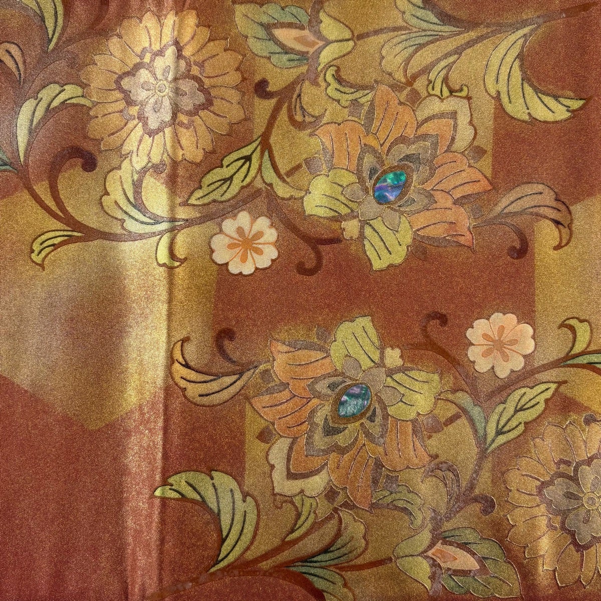 袋帯 秀品 花唐草 螺鈿 金彩 赤茶 お太鼓柄 正絹｜中古・古着