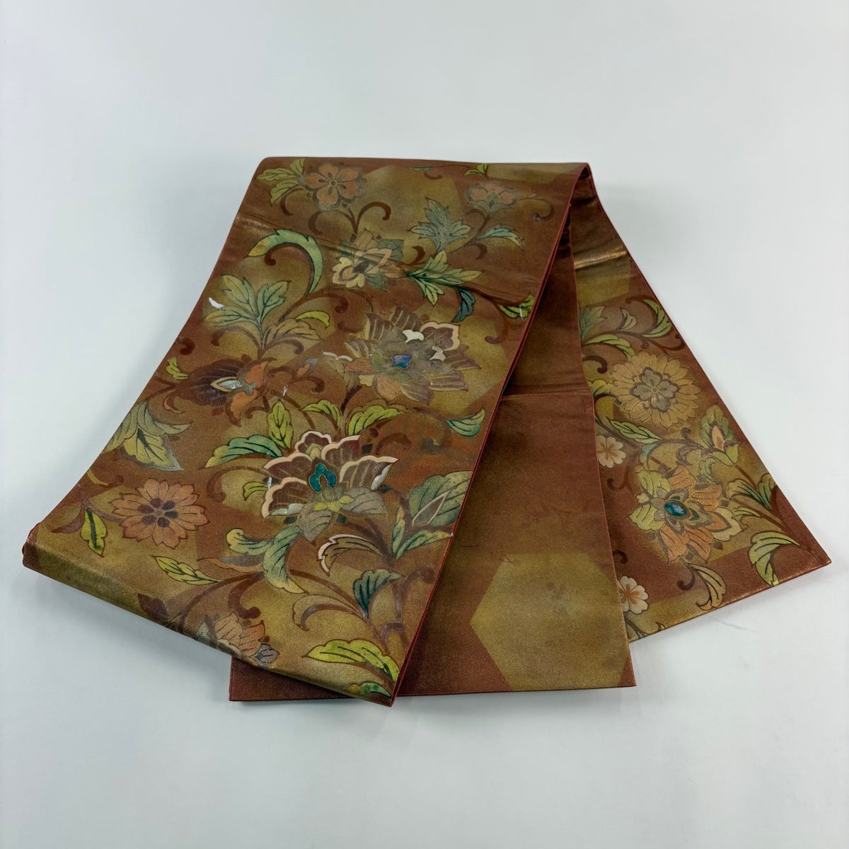 袋帯 秀品 花唐草 螺鈿 金彩 赤茶 お太鼓柄 正絹｜中古・古着