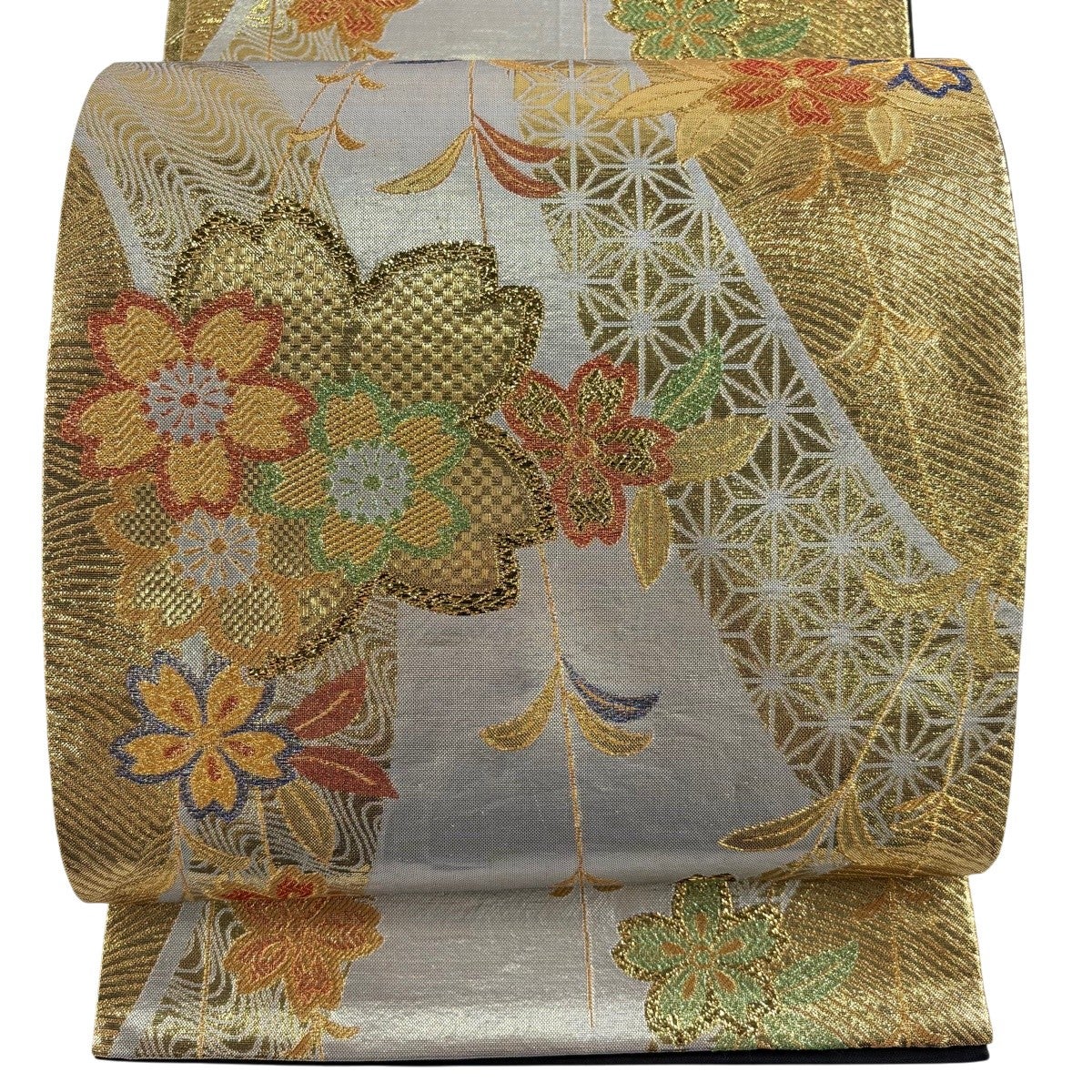 美品】 袋帯 秀品 扇面 草花 唐織 箔 金色 六通 正絹｜中古・古着