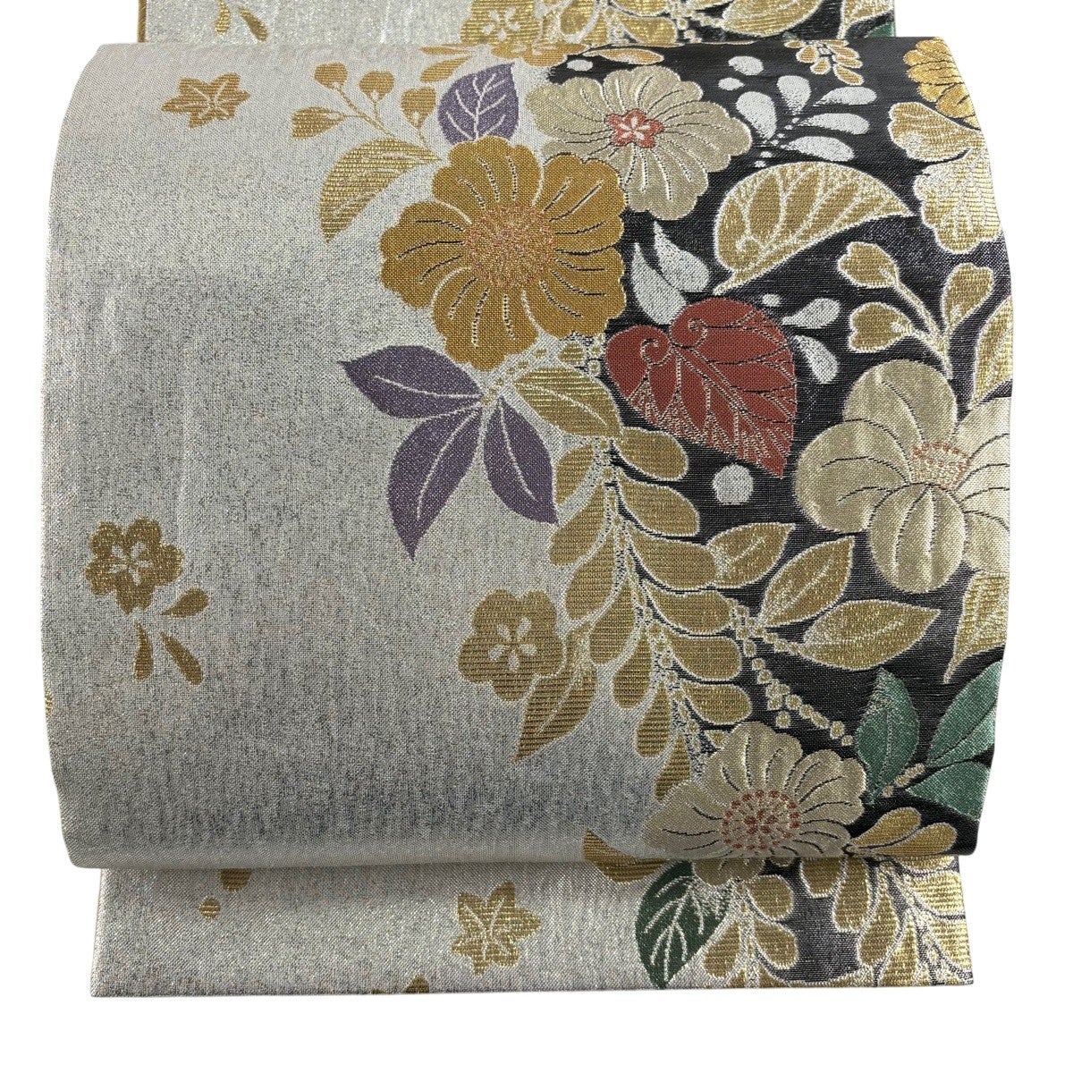 30%OFF 【美品】 袋帯 秀品 紬地 草花 箔 銀色 六通 正絹 K30｜中古