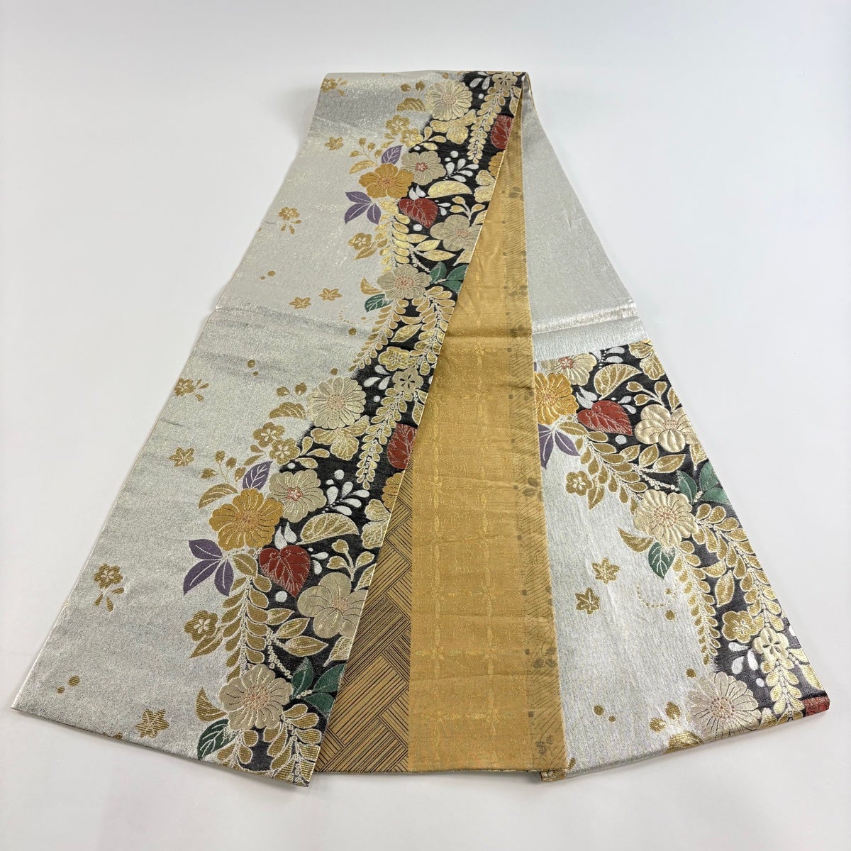 30%OFF 【美品】 袋帯 秀品 紬地 草花 箔 銀色 六通 正絹 K30｜中古
