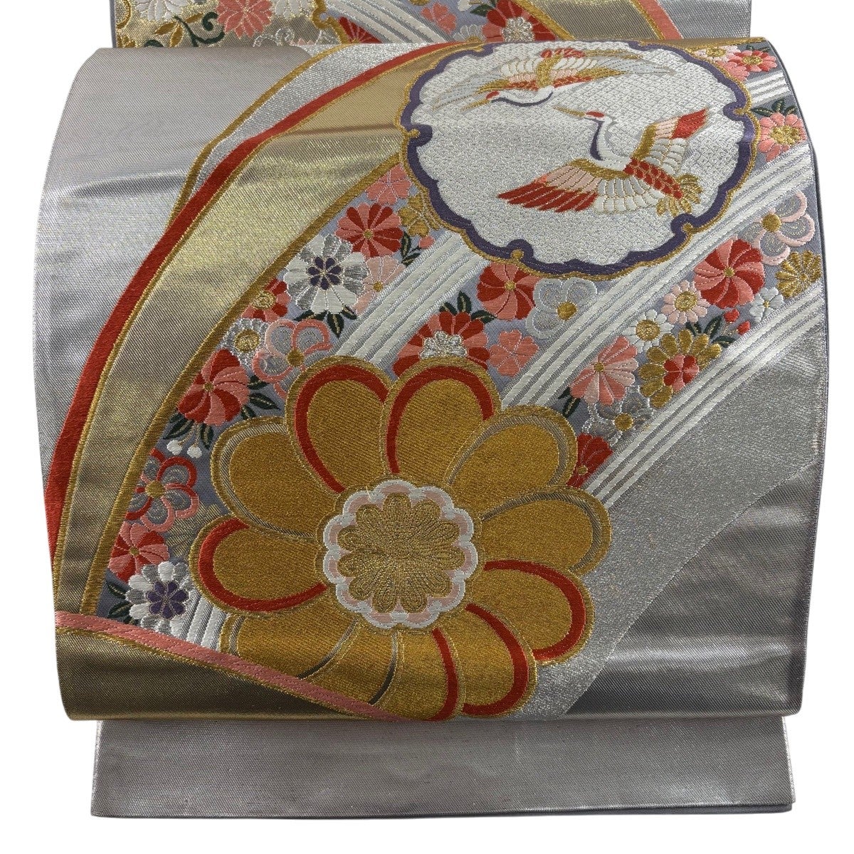 袋帯　雪輪　枝垂れ花模様　鈴　菊花　桜花　銀糸　金糸　着物　帯　034k 美品】 袋帯 秀品 花鳥 雪輪 金銀糸 箔 銀色 六通 正絹｜中古・古着