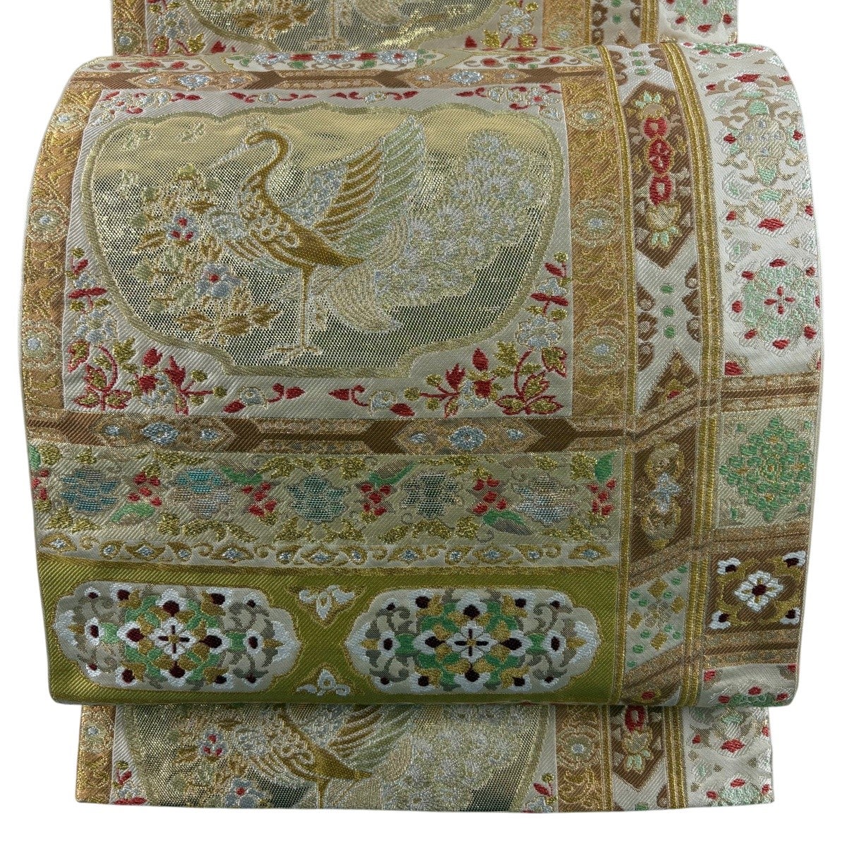 美品】 袋帯 秀品 孔雀 華文 金銀糸 箔 ベージュ 六通 正絹｜中古