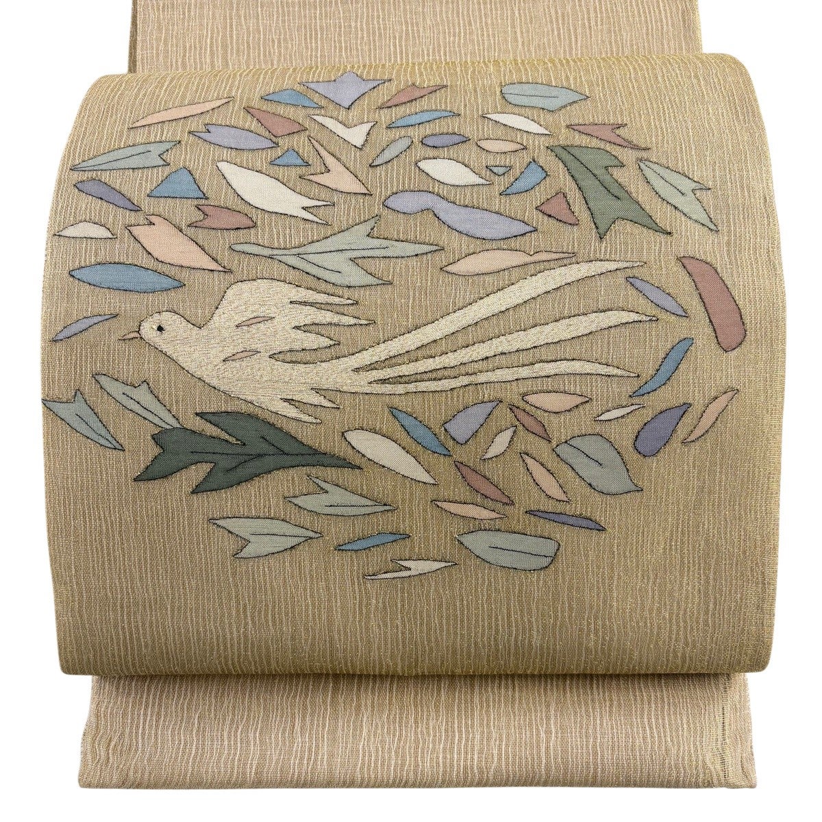 美品】 袋帯 秀品 夏帯 鳥 葉柄 金糸 金色 お太鼓柄 正絹｜中古・古着