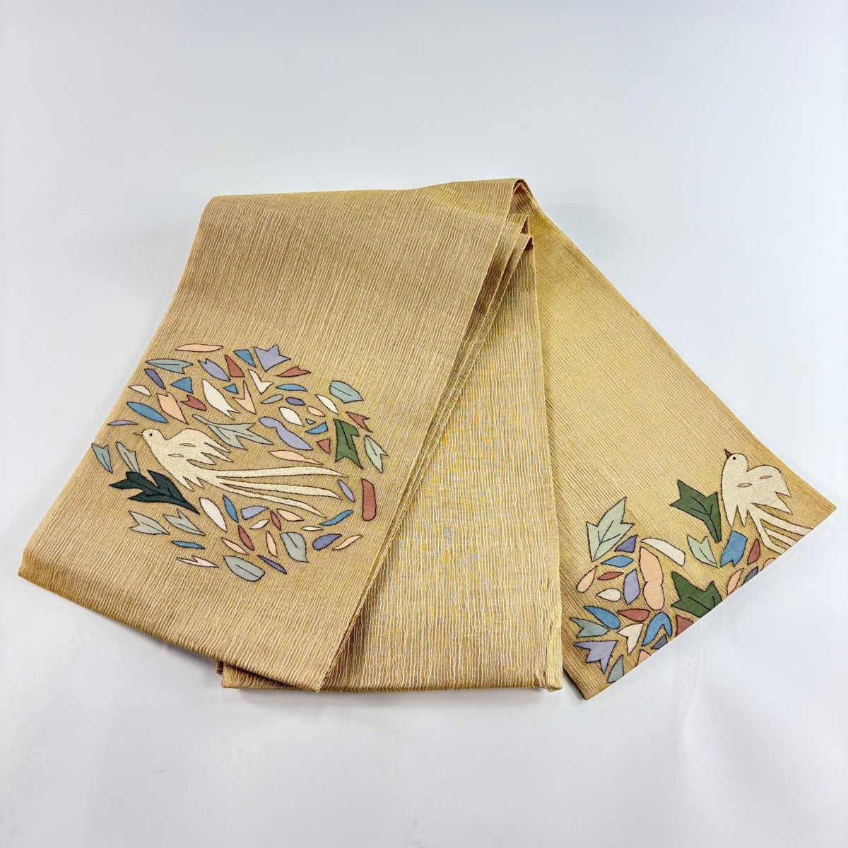 美品】 袋帯 秀品 夏帯 鳥 葉柄 金糸 金色 お太鼓柄 正絹｜中古・古着